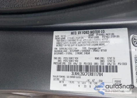 2012 Lincoln Mkz z USA, uszkodzony, nr VIN 3LNHL2GC7CR811784